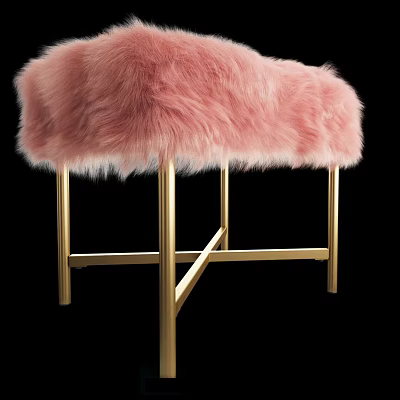 Comfortable Pink Fluffy Ottoman With Soft Upholstery And Gold Metal Legs 3d model
