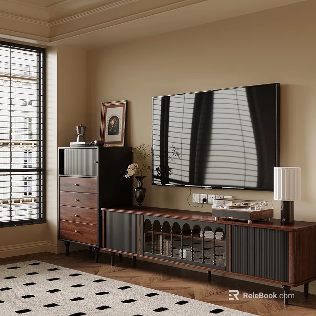 Modern Wooden TV Stand with Decorative Cabinet Blinds Shadow and Living Room Decor 3d model 