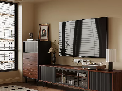 Modern Wooden TV Stand with Decorative Cabinet Blinds Shadow and Living Room Decor 3d model