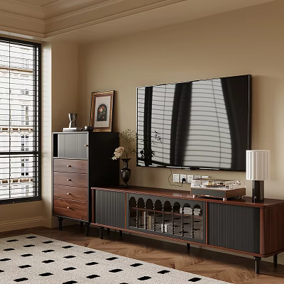 Modern Wooden TV Stand with Decorative Cabinet Blinds Shadow and Living Room Decor 3d model