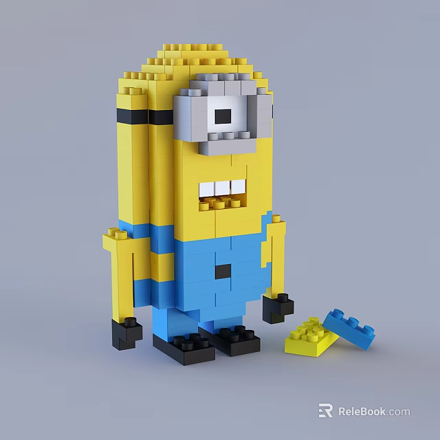 Minion Character Built With Building Blocks Featuring Yellow Body Blue Overalls And Large Eyes 3d model 