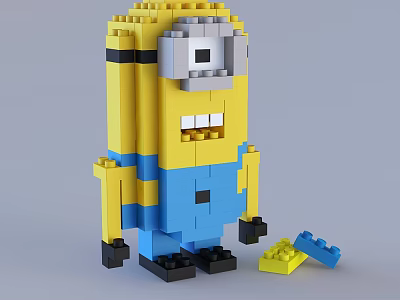 Minion Character Built With Building Blocks Featuring Yellow Body Blue Overalls And Large Eyes 3d model