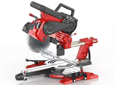 Red And Black Industrial Miter Saw With Circular Blade For Precise Cutting On Workbench Stand 3d model