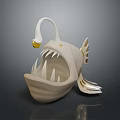 3D Model of White Anglerfish With Open Mouth Sharp Teeth Silver Fins and Bioluminescent Lure