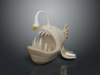 3D Model of White Anglerfish With Open Mouth Sharp Teeth Silver Fins and Bioluminescent Lure 3d model