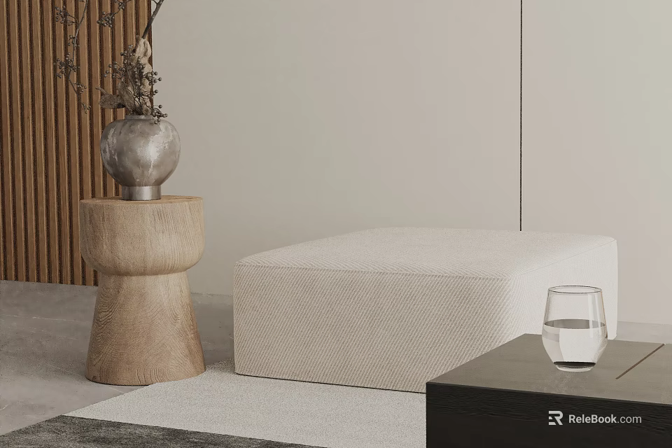 Comfortable Beige Fabric Leisure Chair In Living Room With Wooden Stool And Decorative Vase And Soft Rug 3d model 