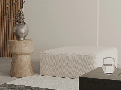 Comfortable Beige Fabric Leisure Chair In Living Room With Wooden Stool And Decorative Vase And Soft Rug 3d model