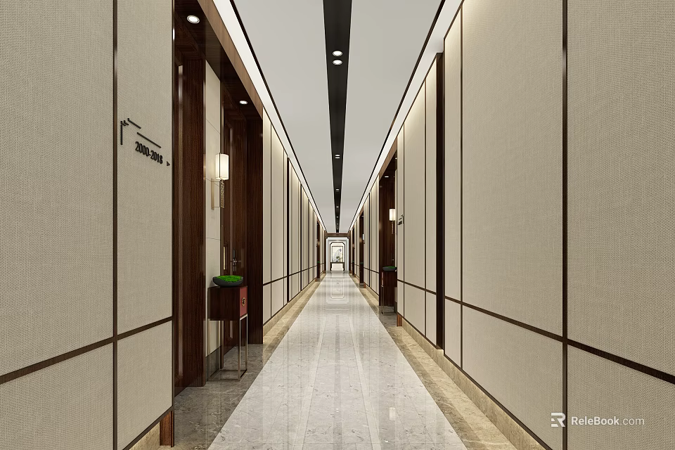 Hotel Corridor With Beige Paneled Walls Marble Flooring And Recessed Lighting 3d model 