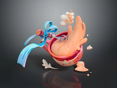 Creamy Orange Dessert Bowl with Splashing Puree Blue Ribbon and Cloud Toppings 3d model