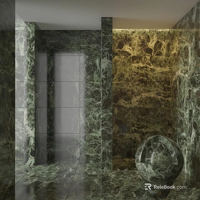 Green Marble Bathroom Wall And Floor Tiles With Circular Sink Basin Design 3d model 