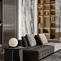 Modern Dining and Living Room Interior Design With Marble Feature Wall Bookshelf Fireplace And Chandelier