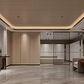 Elegant Modern Elevator Hallway With Wooden Walls Marble Flooring Decorative Art Sofa And Screen Partition