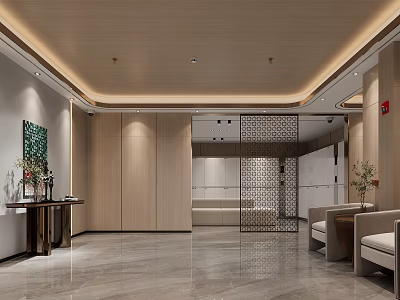 Elegant Modern Elevator Hallway With Wooden Walls Marble Flooring Decorative Art Sofa And Screen Partition 3d model