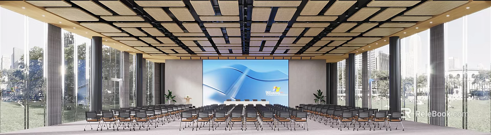 Spacious Meeting Room With Large Screen Neatly Arranged Chairs And Wooden Panel Ceiling 3d model 