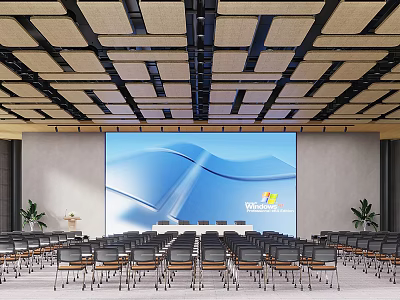 Spacious Meeting Room With Large Screen Neatly Arranged Chairs And Wooden Panel Ceiling 3d model