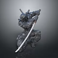 Detailed 3D Warrior Model With Armor Sword And Crouching Battle Pose