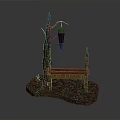 Wooden Bench With Tree Branch Structure And Hanging Lantern On Stone Ground With Flames