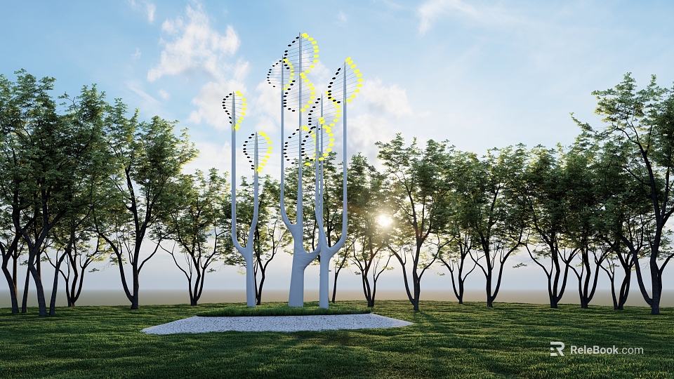 Tree Shaped Landscape Sculpture With Yellow Accents Surrounded By Trees In Sunlit Grass Field 3d model 