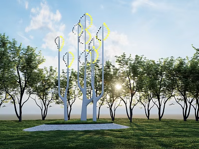 Tree Shaped Landscape Sculpture With Yellow Accents Surrounded By Trees In Sunlit Grass Field 3d model