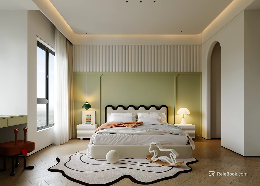 Modern Kids Room Interior With Green Wall White Bed And Black White Pattern Rug 3d model 