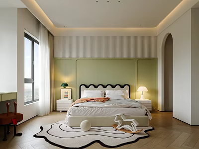Modern Kids Room Interior With Green Wall White Bed And Black White Pattern Rug 3d model