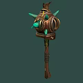 Ornate Mythical Weapon With Wooden Handle Green Decorative Spikes And Metallic Top Structure