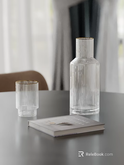 Transparent Glass Decorative Ornament Set With Vertical Stripes Gold Rim And Book On Tabletop 3d model 