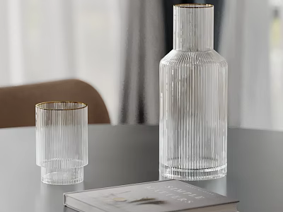 Transparent Glass Decorative Ornament Set With Vertical Stripes Gold Rim And Book On Tabletop 3d model
