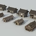Traditional Residential Buildings With Various Sloped Roof Designs And Wooden Structures