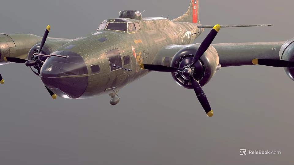 Military Green Fighter Aircraft Flying With Twin Propellers And Aerodynamic Wing Structure 3d model 