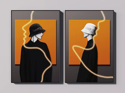 Stylish Silhouette Figure Paintings With Orange Background And Yellow Lines 3d model