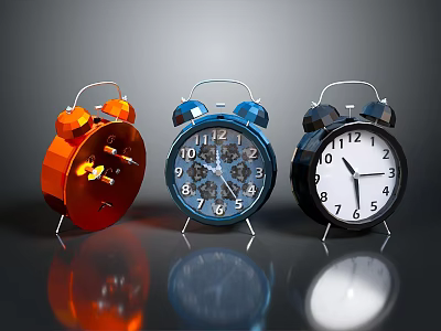 Colorful Alarm Clocks With Bell Design On Reflective Surface For Home Essentials 3d model