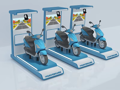 Blue Electric Scooters On Smart Charging Display Stands With Road Screens 3d model