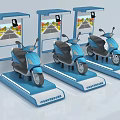 Blue Electric Scooters On Smart Charging Display Stands With Road Screens