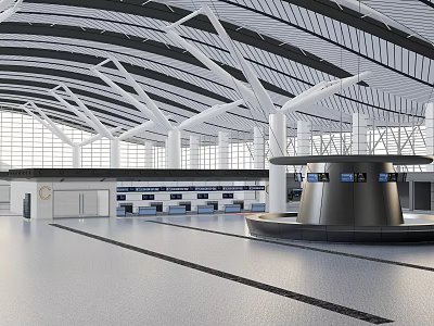 Modern Airport Terminal Interior With Arched Ceiling White Pillars And Baggage Carousel 3d model