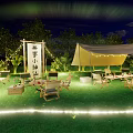 Starry Night Outdoor Tent On Green Grass With Trees Chairs Tables And String Lights