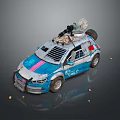 Blue And White Car With Pink Stripe Graffiti On Body And Device On Roof