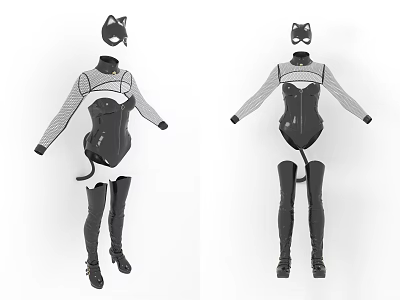 Cat Ear Themed Fitted Bodysuit With Long Sleeves Tail Accessory And Knee High Boots 3d model