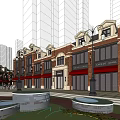 Charming Red Brick Commercial Street with Clock Tower Modern High Rise Coffee Shop Storefronts