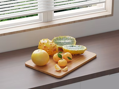 Fresh Fruits Pomelo Kumquats And Sliced Kiwano On Wooden Cutting Board By Window With Greenery 3d model