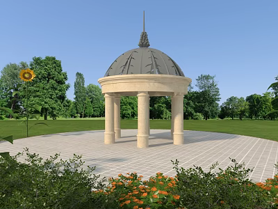Stone Gazebo With Dome Roof And Columns In Green Grassland With Trees Sunflower And Flowers 3d model