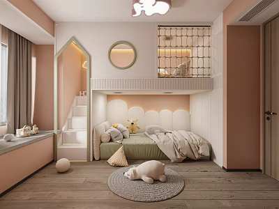 Pink Kids Room Interior With Bunk Bed Stairs Round Mirror Plush Toys And Rug 3d model