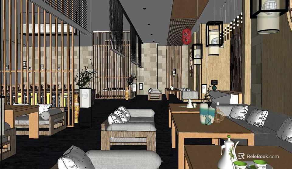 Modern Chinese Restaurant Interior With Wooden Screens Hanging Lanterns Sofa Seats And Potted Plants 3d model 