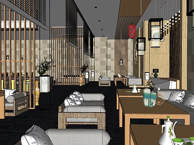 Modern Chinese Restaurant Interior With Wooden Screens Hanging Lanterns Sofa Seats And Potted Plants 3d model