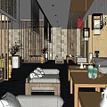 Modern Chinese Restaurant Interior With Wooden Screens Hanging Lanterns Sofa Seats And Potted Plants