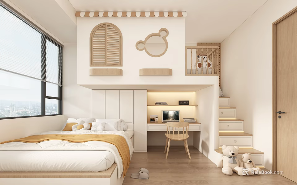 Tatami Bedroom Interior With Tatami Bed Desk Staircase Loft Window And Teddy Bears 3d model 