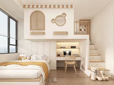 Tatami Bedroom Interior With Tatami Bed Desk Staircase Loft Window And Teddy Bears 3d model
