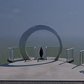 Modern Curved Viewing Platform With Glass Railings On Hilltop Grass And Rocks