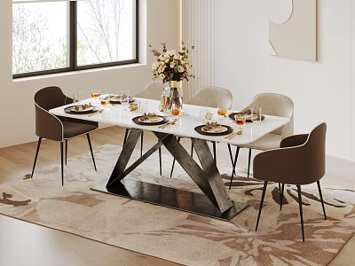 Elegant Modern Dining Table Set With Marble Top And Brown Chairs On Area Rug 3d model