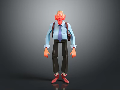 Low Poly Male Game Character Wearing Blue Shirt Purple Tie Black Pants Red Shoes Backpack 3d model